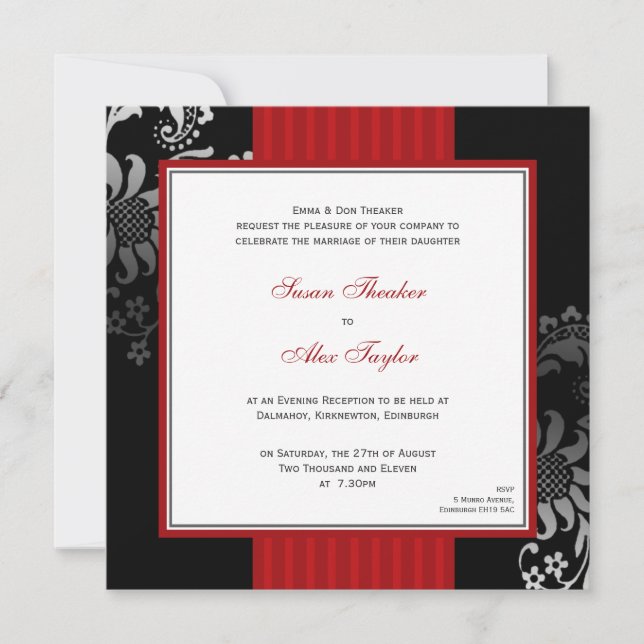 Invitación adornada roja y negra de la boda del (Anverso)