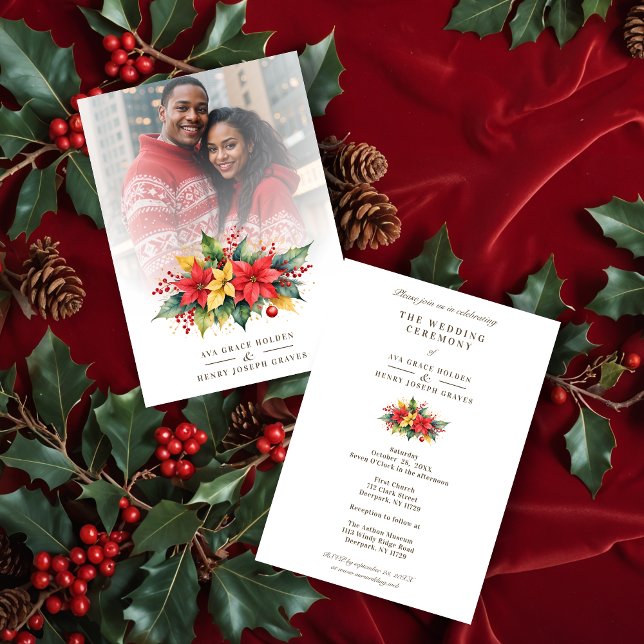Invitación Adorned Christmas Floral Garland Poinsettias Photo (Adorned Christmas Botanical Floral Garland Poinsettias Photo Wedding Invitations Cards. )
