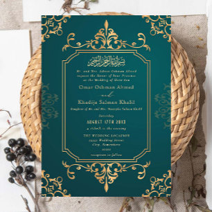 Invitación Adorno azul dorado y teal Boda islámica vintage