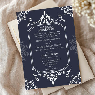 Invitación Adorno blanco y azul marino Boda islámica vintage