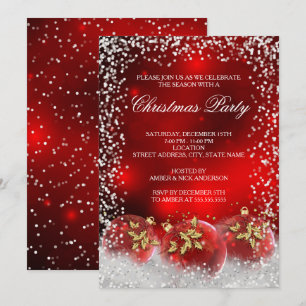 Invitación Adorno de Nieve de Oro Rojo Fiesta de Navidad