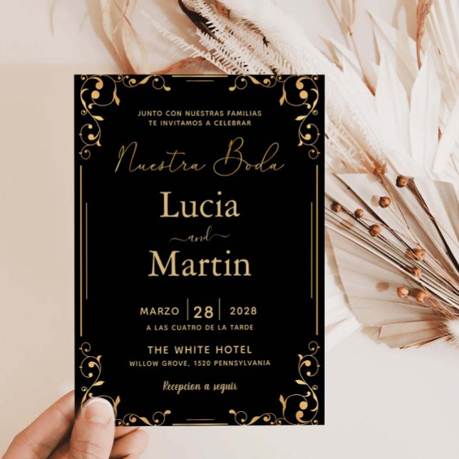 Invitación Adorno de oro Esquina Negro Español Nuestra Boda (Subido por el creador)
