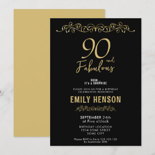 Invitación Adorno Dorado 90 y Fabuloso Cumpleaños 90 