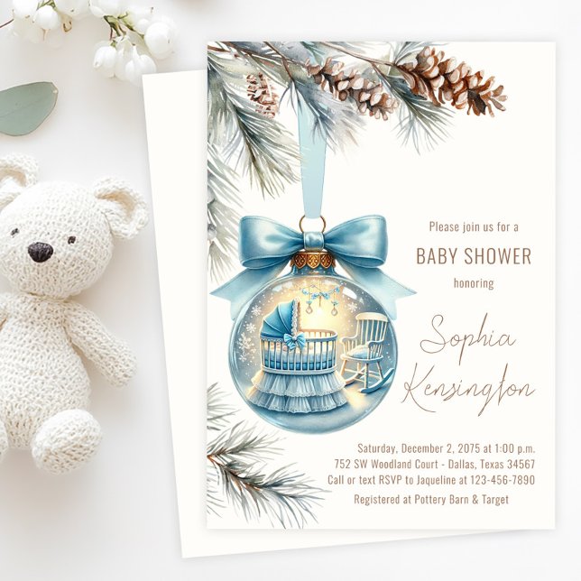 Invitación Adorno Navideño de Niño Fiesta de Bebé de Invierno (Boy Christmas tree ornament baby shower invitation with sweet nursery scene and pine boughs.)