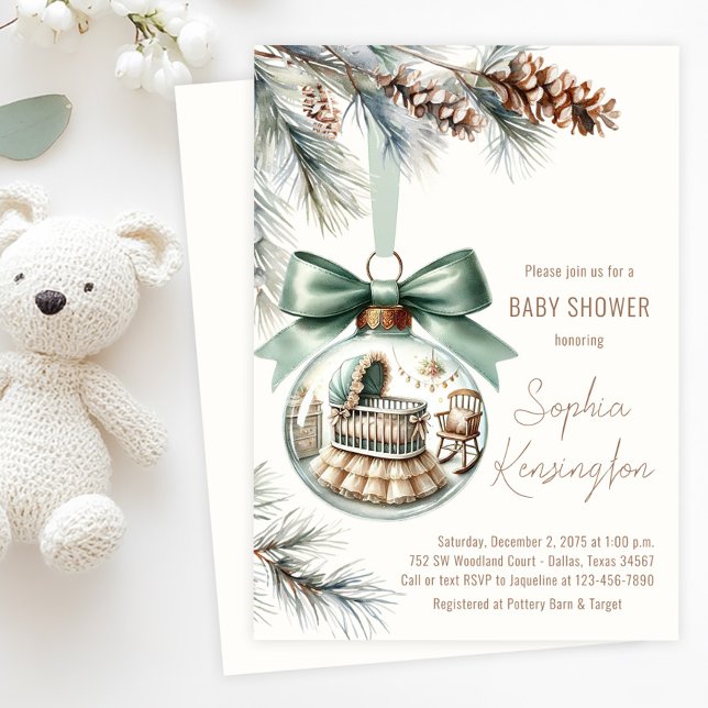 Invitación Adorno Navideño Niño Ornamento Para Baby Shower De (Boy's Christmas tree ornament baby shower invitation with glass ornament with sweet nursery  scene.)