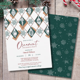 Invitación Adorno Verde Copos de Nieve Intercambio de Navidad