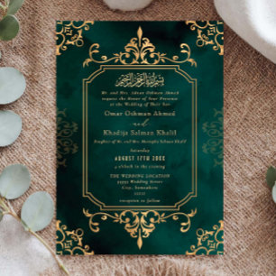 Invitación Adorno vintage de oro y esmeralda para boda islámi