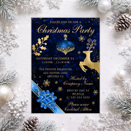 Invitación Adorno y Cinta Azul y Dorado Fiesta de Navidad