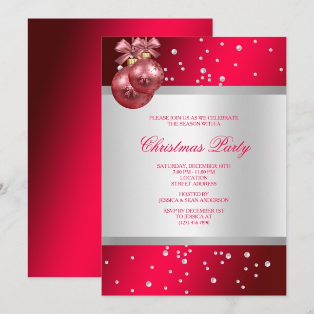 Invitación Adornos Bonitos y Perlas de Plata Fuchsia Navidad (Anverso / Reverso)