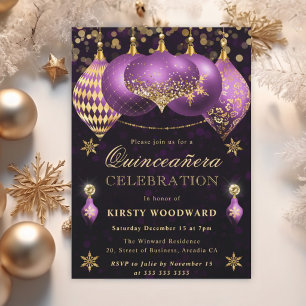 Invitación Adornos Brillantes de Purpura y Dorado Quinceañera