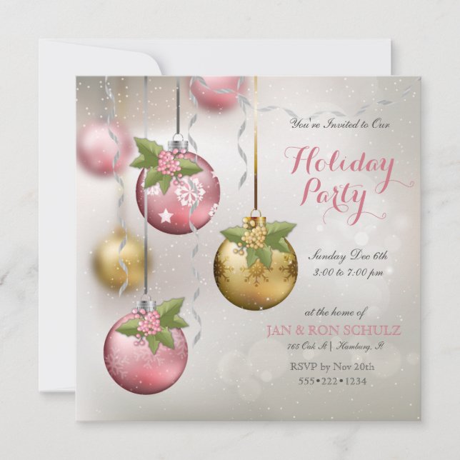 Invitación Adornos chic rosa plata dorado glittery acebo (Anverso)