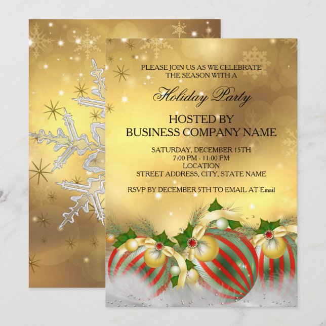 Invitación Adornos de acebo de plata roja dorada Fiesta navid (Anverso / Reverso)