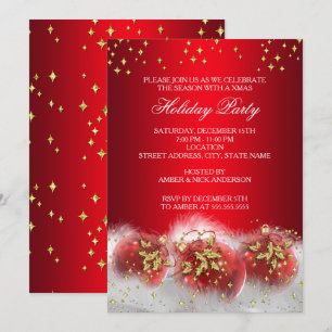 Invitación Adornos de Acebo Rojo Dorado Fiesta Navideña
