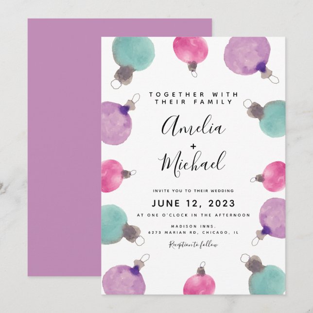 Invitación Adornos de acuarela de Navidad para bodas (Anverso / Reverso)