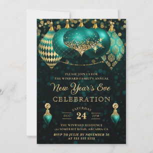 Invitación Adornos de Año Nuevo Elegantes en Verde Turquesa y