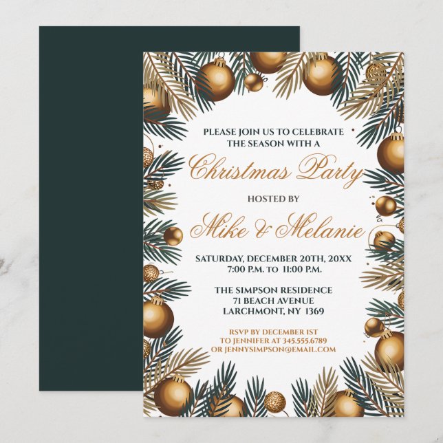 Invitación Adornos de árbol de Navidad de oro Fiesta (Anverso / Reverso)