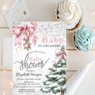 Invitación Adornos de árbol de pino con lazo rosa Hace frío a
