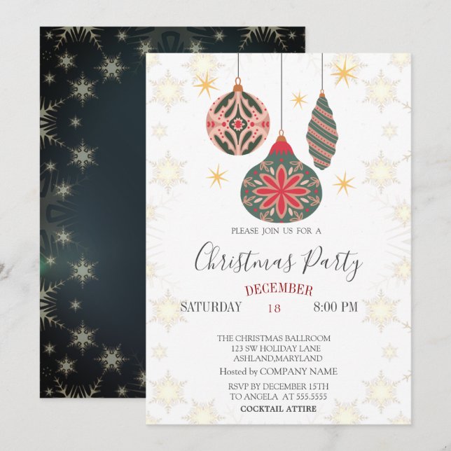 Invitación Adornos de bolas vintage Copos de nieve Navidad (Anverso / Reverso)