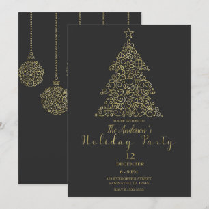 Invitación Adornos de Carbón Dorado Elegante Árbol Fiesta Nav