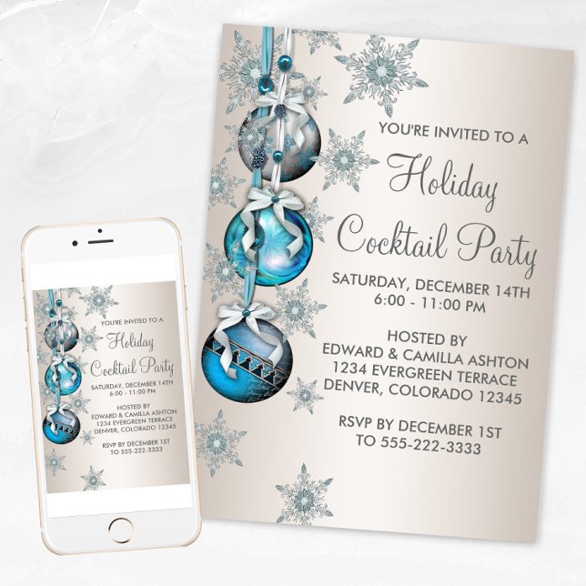 Invitación Adornos de copos de nieve azul turquesa Fiesta de  (Teal blue snowflakes ornament Christmas party invitation. Available for print and instant download.)
