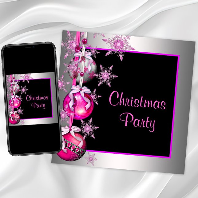 Invitación Adornos de copos de nieve rosa intenso Fiesta de N (Snowflakes and ornaments pink Christmas party invitation. Digital download and printed available.)