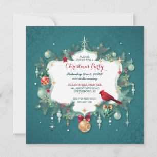 Invitación Adornos de fiesta de Navidad cardenal damasco azul