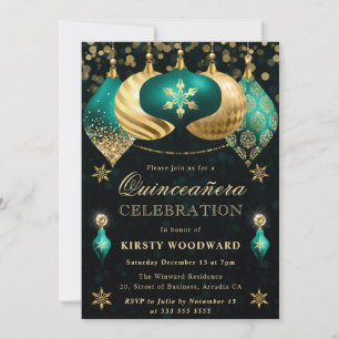 Invitación Adornos de lentejuelas dorados y turquesa para Qui