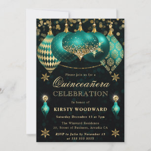 Invitación Adornos de lentejuelas dorados y turquesa para Qui