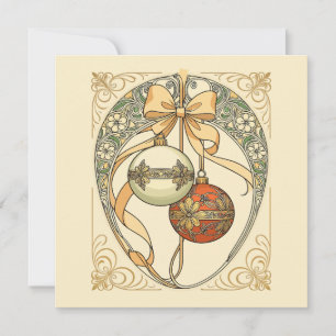 Invitación Adornos de Navidad Beige y Rojo Art Nouveau