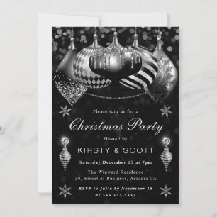 Invitación Adornos de Navidad de purpurina negra y plateada F