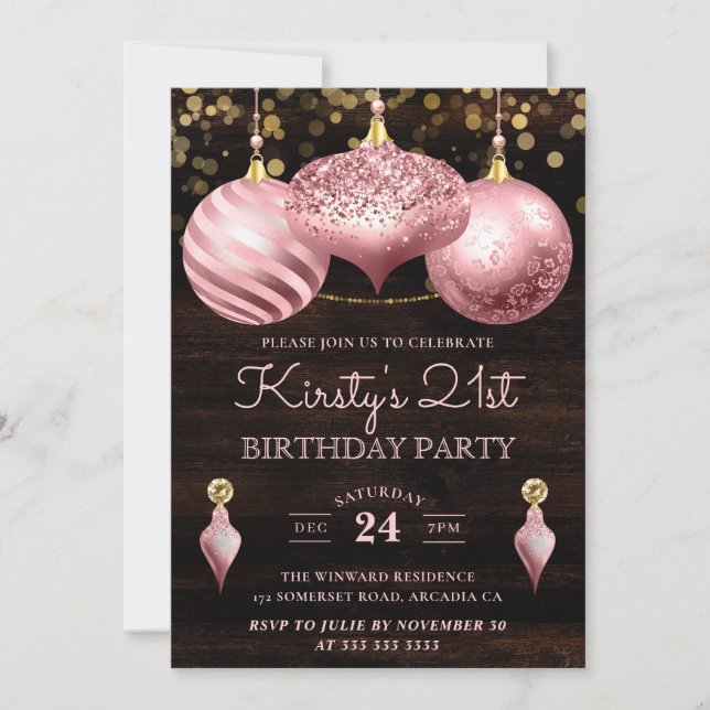 Invitación Adornos de Navidad Rosa Claro Elegantes Cumpleaños (Anverso)