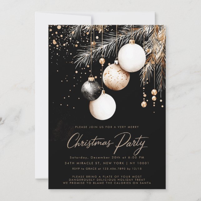 Invitación Adornos de oro blanco negro Bolas de Navidad (Anverso)