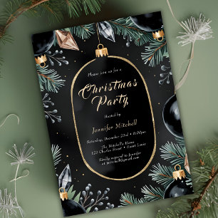 Invitación Adornos de oro negro, fiesta moderna de Navidad