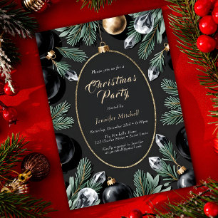 Invitación Adornos de oro negro Glam Fiesta de Navidad