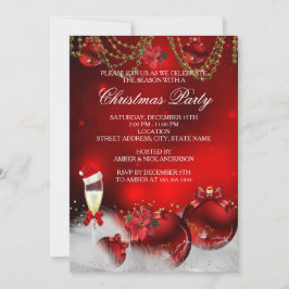 Invitación Adornos de oro rojo Champán Fiesta de Navidad