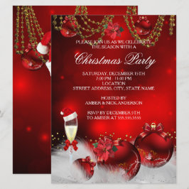 Invitación Adornos de oro rojo Champán Fiesta de Navidad