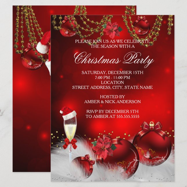 Invitación Adornos de oro rojo Champán Fiesta de Navidad (Anverso / Reverso)