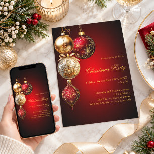 Invitación Adornos de oro rojo Fiesta de Navidad