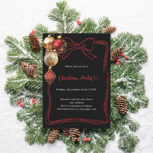 Invitación Adornos de oro rojo negro lazo Fiesta de Navidad