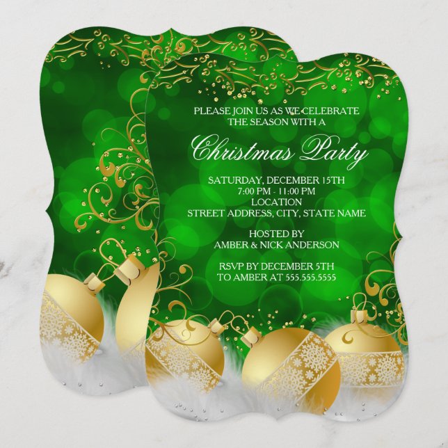 Invitación Adornos de oro verde Burbujas Blanca Fiesta de Nav (Anverso / Reverso)