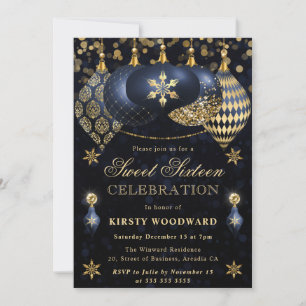 Invitación Adornos de purpurina azules y dorados Sweet Sixtee