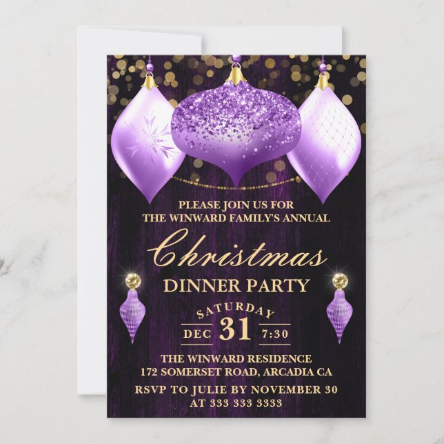 Invitación Adornos de purpurina morada Fiesta de Navidad (Anverso)