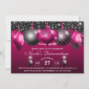 Invitación Adornos de purpurina negros y rosa fucsia para Qui