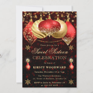 Invitación Adornos de purpurina rojos y dorados Sweet Sixteen