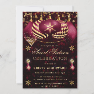 Invitación Adornos de purpurina rojos y dorados Sweet Sixteen