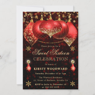 Invitación Adornos de purpurina rojos y dorados Sweet Sixteen