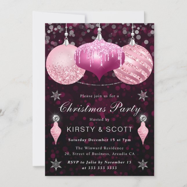 Invitación Adornos de purpurina rosa para cena de Navidad (Anverso)
