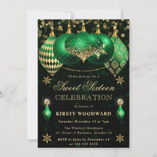 Invitación Adornos de purpurina verdes y dorados Sweet Sixtee
