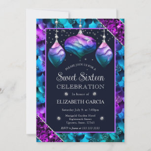 Invitación Adornos de Sirena con Degradado Azul y Púrpura par