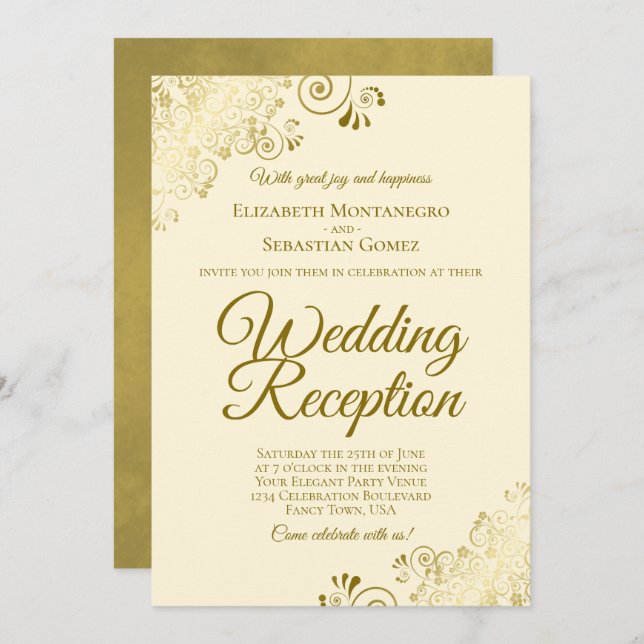 Invitación Adornos dorados en crema recepción de boda elegant (Anverso / Reverso)